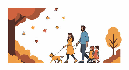 Fototapeta premium Family walking dog in autumn park, parents with two daughters and pet enjoying fall season outdoors, colorful leaves falling