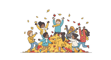 Fototapeta premium Diverse group of happy children playing and throwing leaves in the air during autumn season, joyful activity