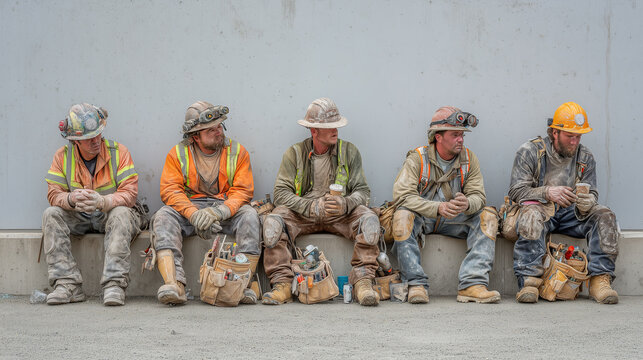 Group of hard-working construction site laborers resting during a break against a concrete wall, showing fatigue and camaraderie