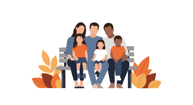 Happy diverse family with three children sitting on a park bench, surrounded by warm autumn leaves. Flat vector illustration of family togetherness and fall.