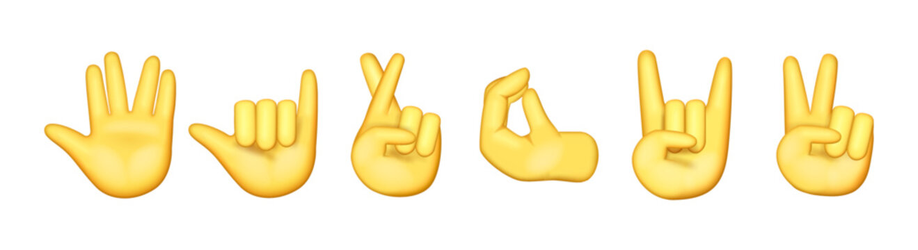 Hand symbols with complex positions. Vector isolated 3D human palms demonstrating crossed fingers, horn gesture and rock sign, peace symbol and expressive variations. Communication and body language