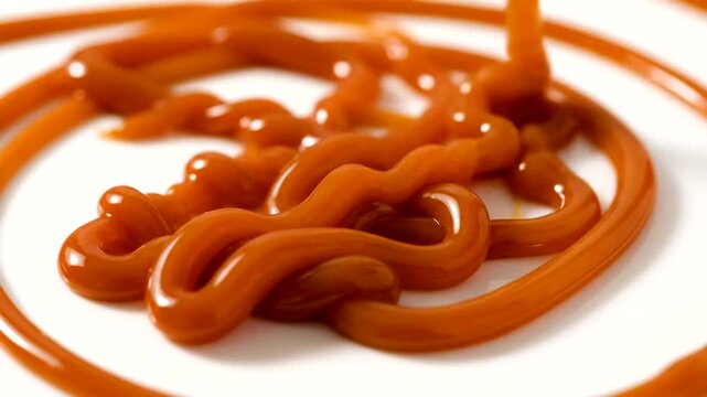 Red sauce swirls on white plate surface
