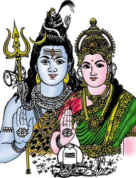 traditional drawing of  hindu god  sivan parvathi lord siva