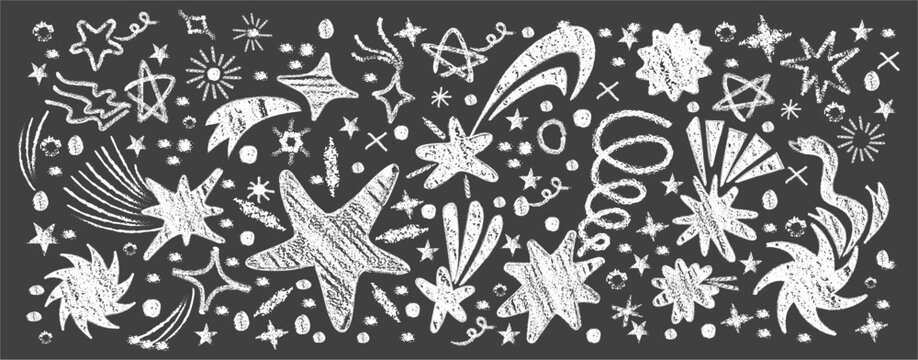 Hand drawn stars with tails and swirl accent. Vector celestial bodies with monochrome crayon texture. Realistic luminary shape elements for sticker and banner, presentation and creative layout