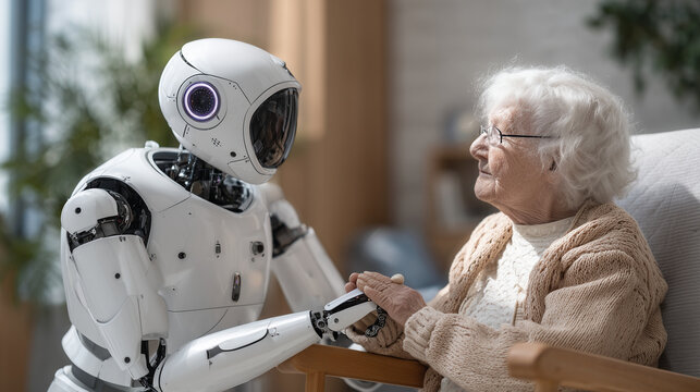 Caregiver robot connecting with senior woman, providing assistance and companionship in smart home environment