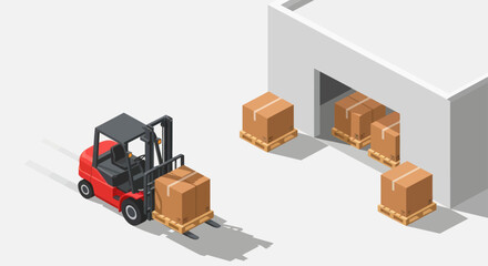 Red forklift loading boxes onto pallets near warehouse loading dock. © Ndog