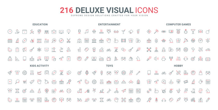 Kids playing with toys, sport training and hobby, learning on school lesson line icon set. Bowling, cinema theater and museum tickets, carousel thin black and red outline symbols vector illustration