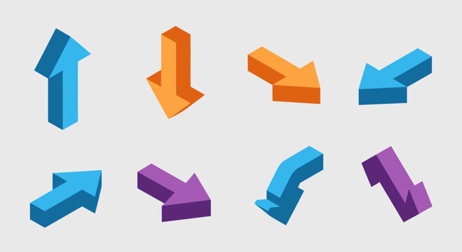 Set of eight 3D isometric arrows in various colors and directions.