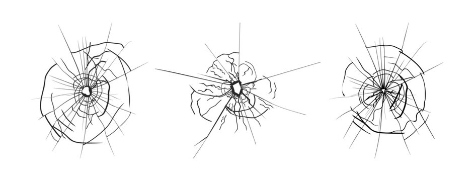 Glasses with visible holes and cracks or fractures in form of linear on surface. Vector broken window or monitor display, gadget screen or car windshield, gunshot effect in grunge style