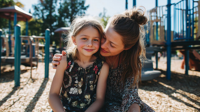 Happy mother embracing smiling daughter, enjoying affectionate bonding time at a sunny park playground