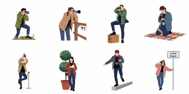 A comprehensive collection of flat vector illustrations depicting diverse male and female photographers in various professional and recreational shooting situations on a white background.