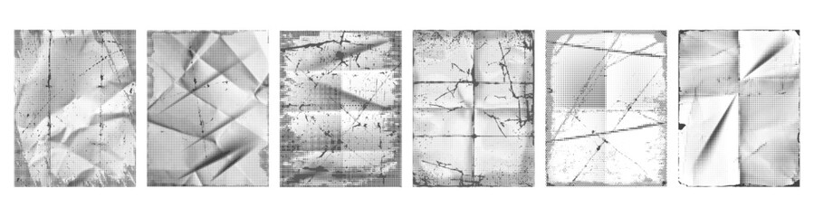 Fototapeta premium Monochrome crumpled paper with halftone pattern and grunge texture. Vector folded sheets with crease structure and distressed surface. Editorial layout or poster, album cover or collage composition
