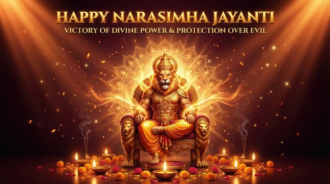 Lord Narasimha Jayanti depicted with divine power and protection over evil, seated on a throne surrounded by golden light and floral offerings