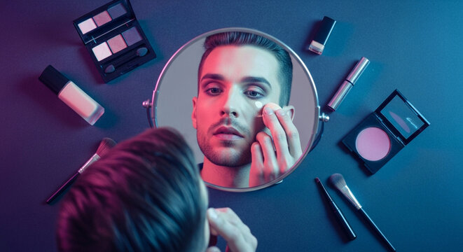 Trans Man Confidently Applying Makeup in Mirror, Modern Male Grooming & Beauty, Self-Expression with Cosmetics, Stylish