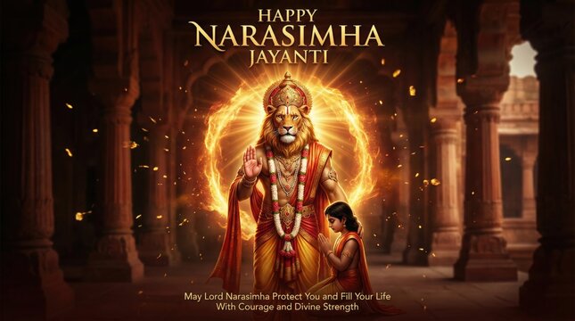 Lord Narasimha with a divine aura blesses a devotee in a temple setting during Narasimha Jayanti a significant Hindu festival honoring strength and divine protection