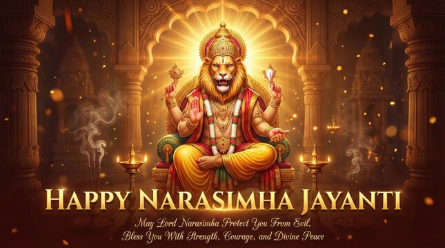 Lord Narasimha seated on a throne in a temple adorned with ornate pillars and glowing lamps celebrating Narasimha Jayanti a divine Hindu festival of strength and protection