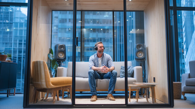 Man wearing headphones and listening to audio in a modern soundproof office pod, concentrating on content