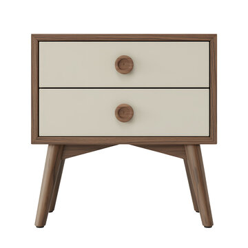Modern wooden nightstand with white drawers and brown knobs isolated on a transparent background