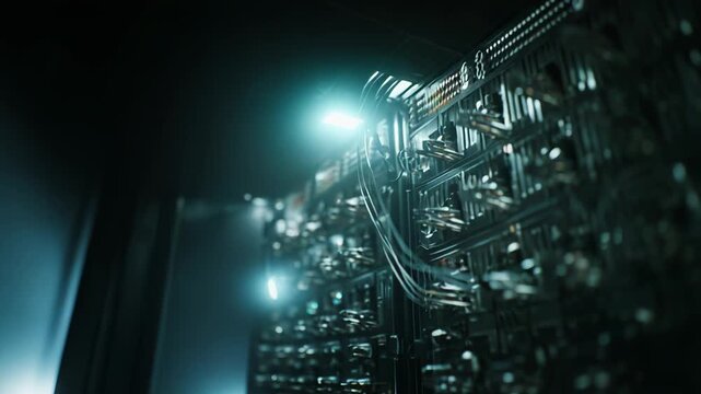 Data center server racks with glowing lights and intricate wiring, representing modern technology, cloud computing, and digital transformation in an advanced computer system