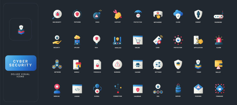 Gradient flat style icons set with cyber security, data protection, network safety, hacking, cloud, coding, and digital privacy on dark UI background vector illustration.