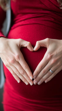 Pregnant woman's hands forming heart shape on red dress over growing belly, symbolizing maternal love, care, and family