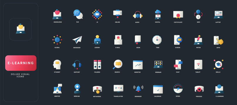 Gradient flat style icons set with e-learning, digital education, online tools, communication, knowledge, and technology concepts on dark UI background vector illustration.
