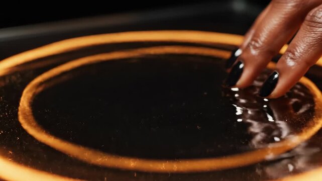 a hand feeling haptic vibrations on a glass desk in a transparent workspace. This scene highlights Agentic AI, human-machine synergy, tactile tech, and work.