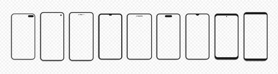 Plakat Smartphone screen mockups for different models. Vector collection of isolated modern mobile phone front silhouettes with minimal bezels. Template for UI demonstration or app interface design