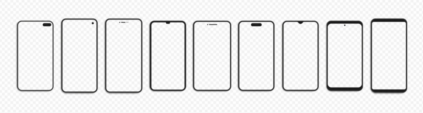 Smartphone screen mockups for different models. Vector collection of isolated modern mobile phone front silhouettes with minimal bezels. Template for UI demonstration or app interface design