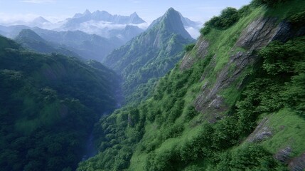 Fototapeta premium Lush hills and rugged peaks create a peaceful landscape bathed in soft sunlight