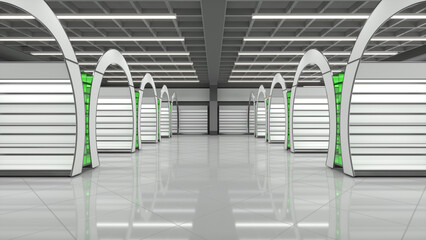 Modern retail store interior with rows of curved retail gondola shelving and arched banners. 3d illustration © Wire_man