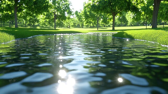 Gentle ripples shimmer on the water, surrounded by vibrant trees in a sunny park