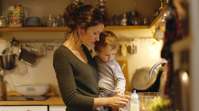 Woman holding toddler boy, preparing baby bottle in kitchen, representing motherhood, family care, and domestic routine