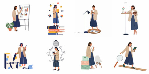 Fototapeta premium Collection of Business Woman Illustrations Featuring Marketing Concepts, Creative Thinking, Data Analysis, and Professional Research Activities.