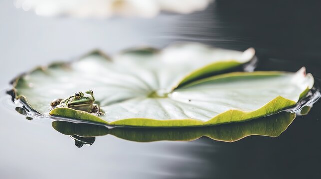 Frog lying supine on water lily leaf basking in sun on mirror-like lake, soft focus background, shallow depth highlighting peaceful ecosystem