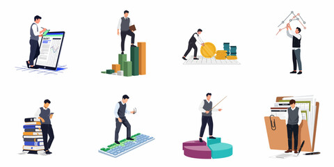 Fototapeta premium Collection of flat vector illustrations showing a businessman managing finances, analyzing data, and handling office tasks for business growth and professional success.