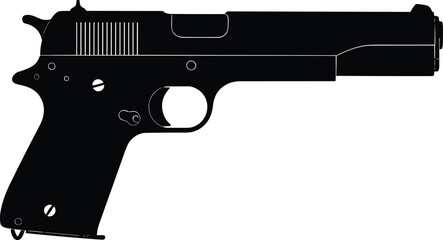 Black silhouette of a semi automatic handgun pistol isolated on white background for security defense military law enforcement and tactical shooting sports design © Mahsina