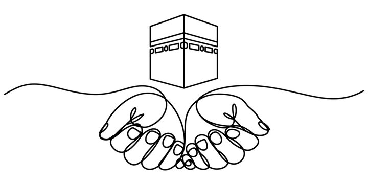 Minimalist continuous line drawing of hands held together in prayer beneath the holy kaaba icon