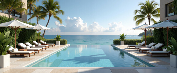 Fototapeta premium Resort pool area with lounge chairs and palm trees by the ocean 