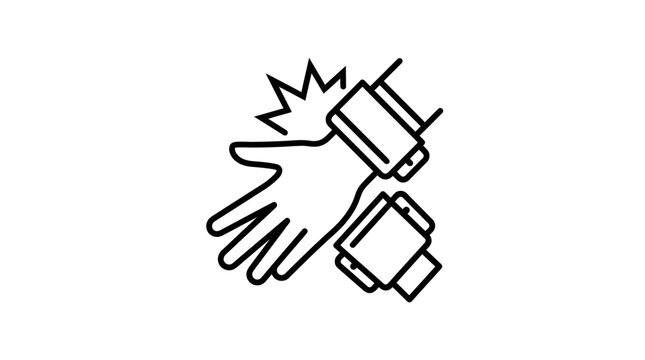 Electrical Shock Hazard Warning Icon with Hand Touching Device and Lightning Bolt, isolated white background.