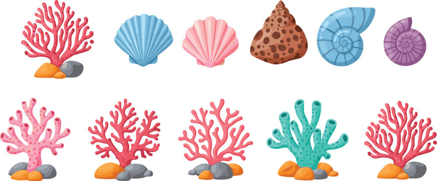 Colorful underwater coral reef collection with seashells and marine elements cartoon style ocean life vector illustration set