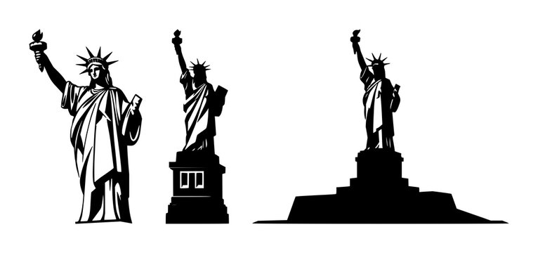 Solid black icon, white background: landmark Statue of Liberty set with simple line art design featuring outline, illustration, graphic elements with clean design and vector art