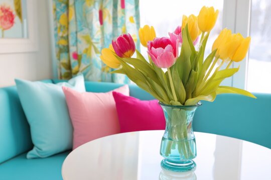 Vibrant spring-inspired dining nook featuring a bouquet of tulips in a glass vase, colorful cushions on a turquoise couch, and bright curtains in a cozy setting