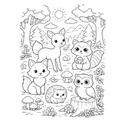 Fototapeta premium Woodland Animals Coloring Page – Cute Forest Nature Fun for Kids