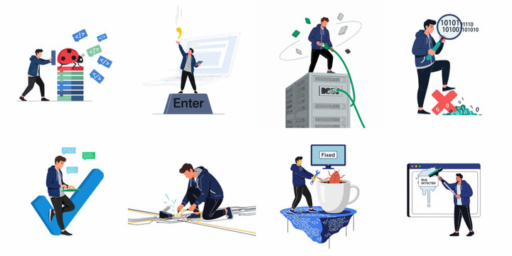 A collection of eight flat vector illustrations depicting a male programmer engaged in various software development, debugging, and network maintenance tasks.