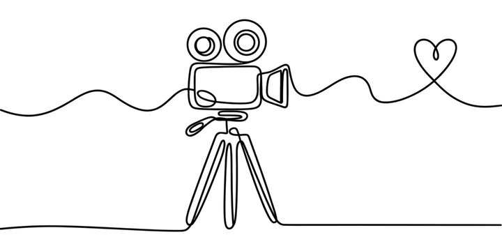 A single continuous line drawing of a vintage video camera on a tripod ending with a heart shape