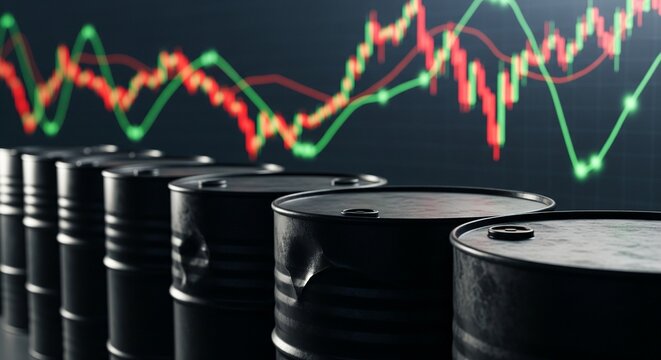 Row of black oil barrels in front of a blurred financial stock market graph with red and green candlestick charts