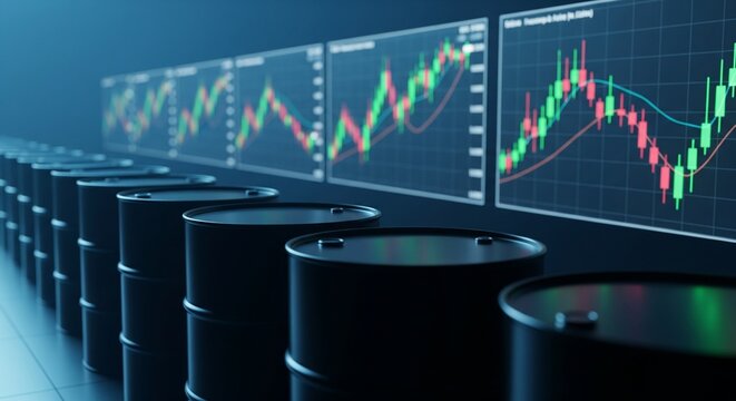 Row of black oil drums in foreground with financial stock market graphs on screens in background concept for energy trading