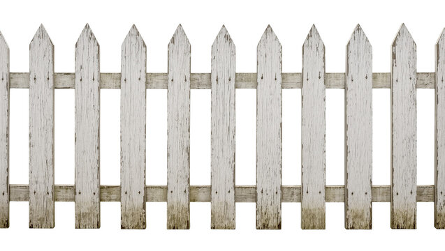 Isolated weathered old white wooden picket fence with peeling paint, rustic texture, and pointed pickets