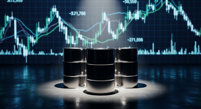 Stacked oil barrels in front of a blurred financial stock market graph representing commodity trading